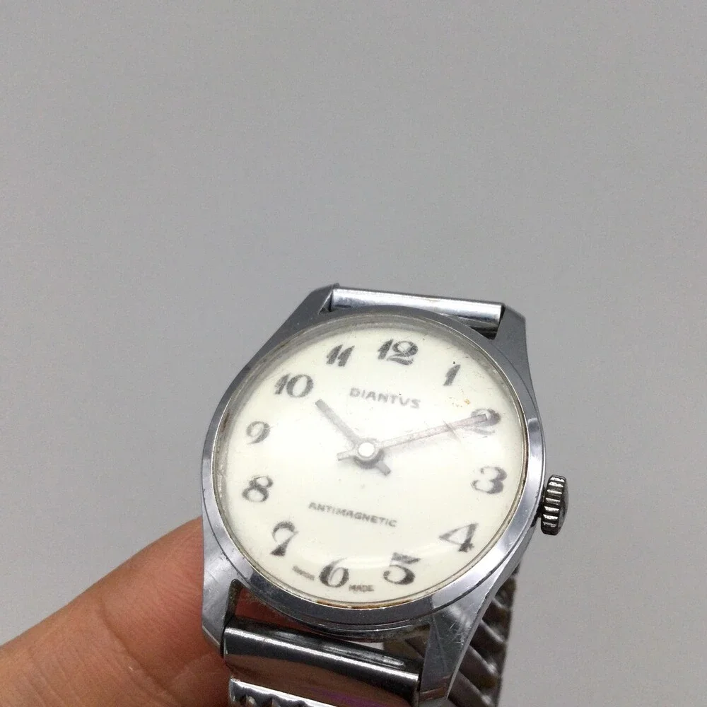 Vintage Diantus Mens Watch Cream Dial Stainless Expansion Swiss Manual Wind